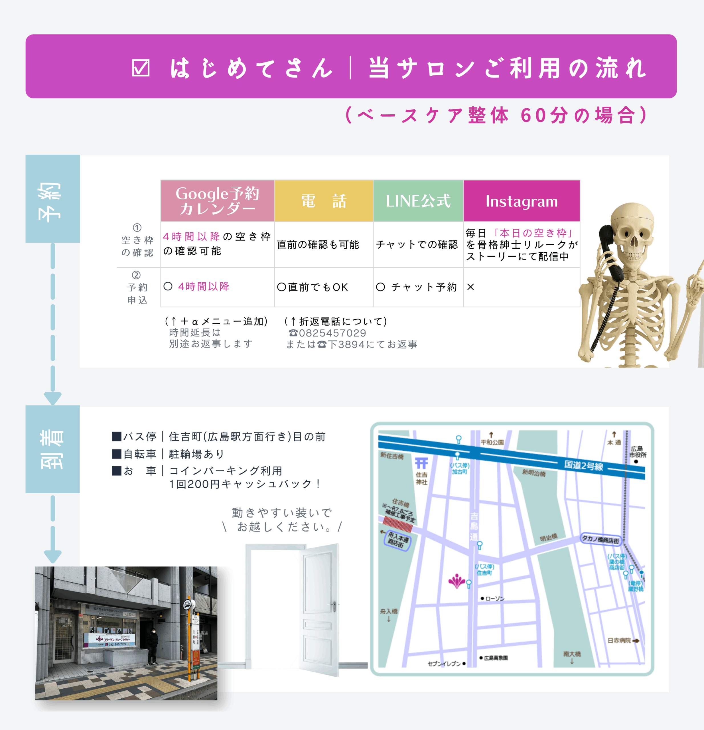 Googleカレンダー・電話・LINE・Instagramを使った予約方法と、バス・車・自転車でのアクセスをまとめた案内図