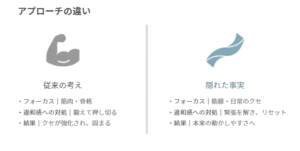 筋肉や骨格だけを見る考え方と筋膜や日常のクセを見る考え方の違いを示す図
