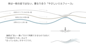 筋膜が浅い層・中間の層・深い層に重なり合い、滑りの違いが体の戻りやすさに関係することを示したイラスト