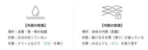 外側の乾燥と内側の乾燥の違いを、皮膚や粘膜と筋膜の滑りから比較したイラスト