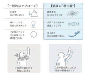 一般的な整体アプローチと筋膜の通り道を重視する考え方の違いを示した図