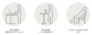 仕事や立ち飲みなどで長く立ち、足や体に疲れを感じている様子