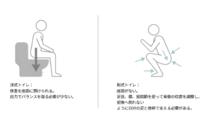 洋式トイレは座面に体重を預け、和式トイレは足首、膝、股関節を使って骨盤の位置を調整しながら支える違いを示した図